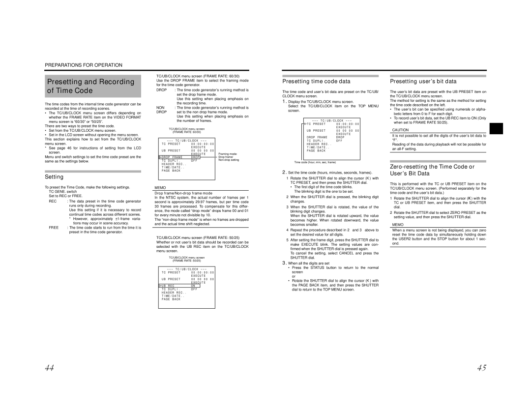 JVC GY-HD200U/CHU Presetting and Recording of Time Code, Setting, Presetting time code data, Presetting user’s bit data 