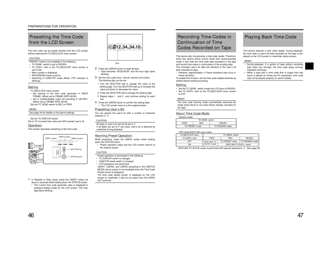 JVC GY-HD201E/CHE manual Playing Back Time Code, Presetting User’s Bit, Aborting Preset Operation, About Time Code Mode 