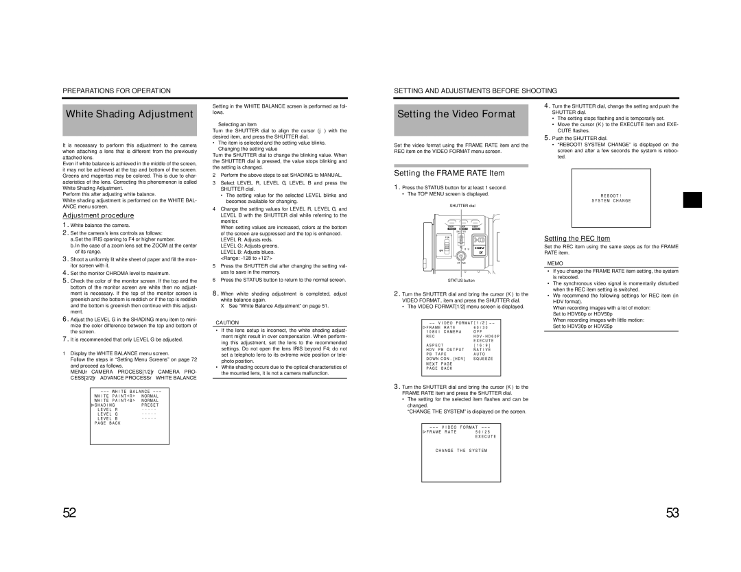 JVC GY-HD201E/CHE White Shading Adjustment, Setting the Video Format, Setting the Frame Rate Item, Setting the REC Item 