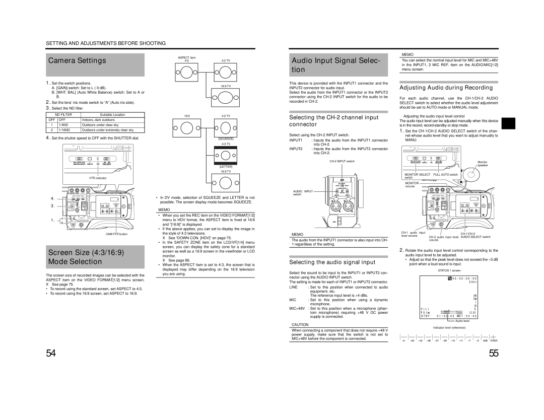 JVC GY-HD200E/CHE, GY-HD200U/CHU manual Camera Settings, Audio Input Signal Selec- tion, Screen Size 43/169 Mode Selection 