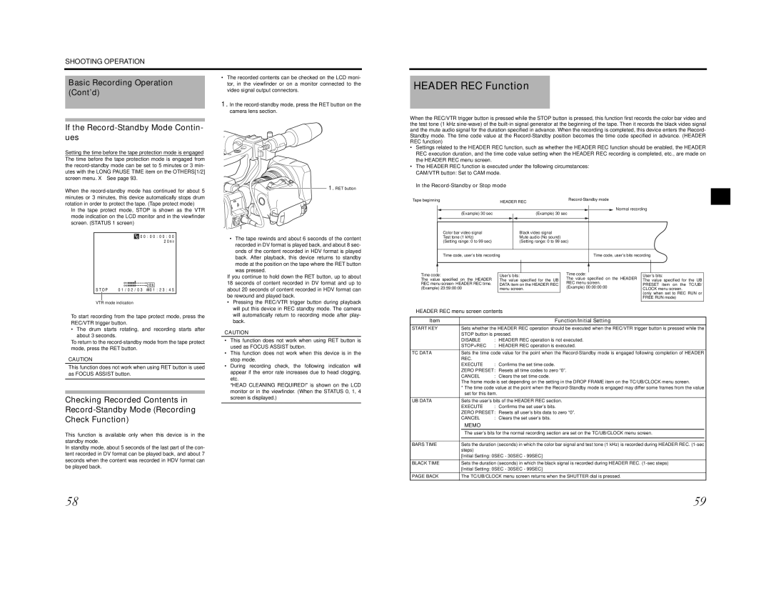 JVC GY-HD201E/CHE, GY-HD200E/CHE Header REC Function, Basic Recording Operation, If the Record-Standby Mode Contin- ues 