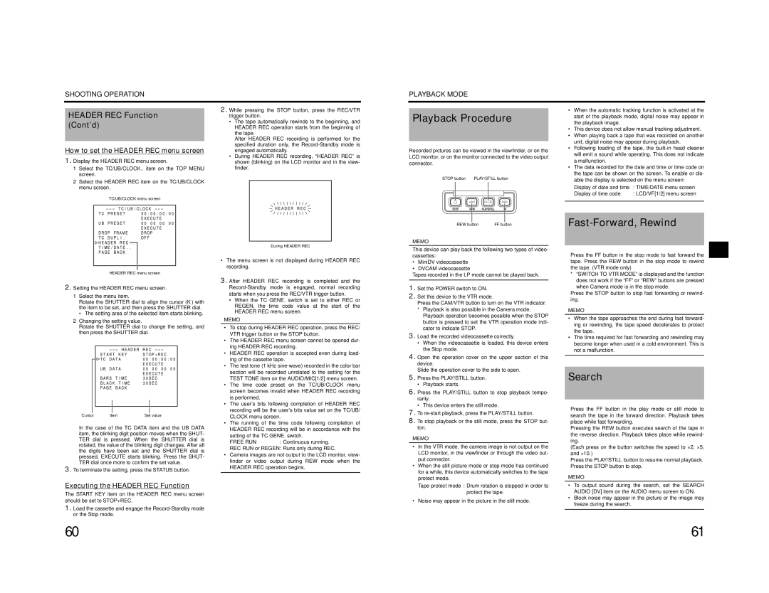 JVC GY-HD200E/CHE, GY-HD200U/CHU, GY-HD201E/CHE Playback Procedure, Search, Executing the Header REC Function, Free RUN 