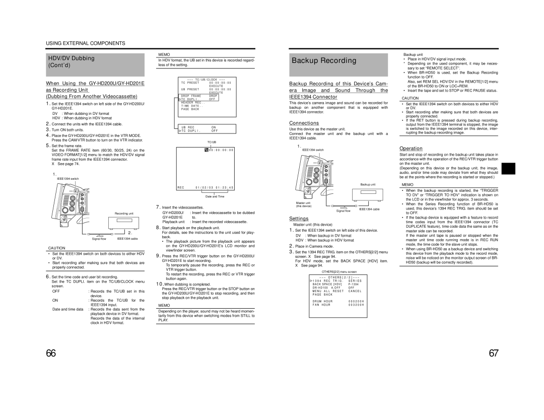 JVC GY-HD200E/CHE, GY-HD200U/CHU, GY-HD201E/CHE manual Backup Recording, HDV/DV Dubbing Cont’d, Settings, Off 