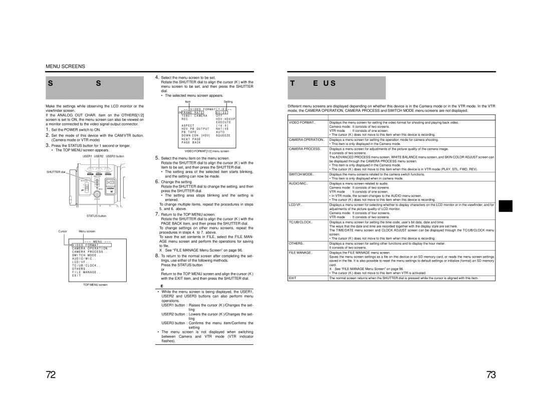 JVC GY-HD200E/CHE, GY-HD200U/CHU, GY-HD201E/CHE manual Setting Menu Screens, TOP Menu Screen 