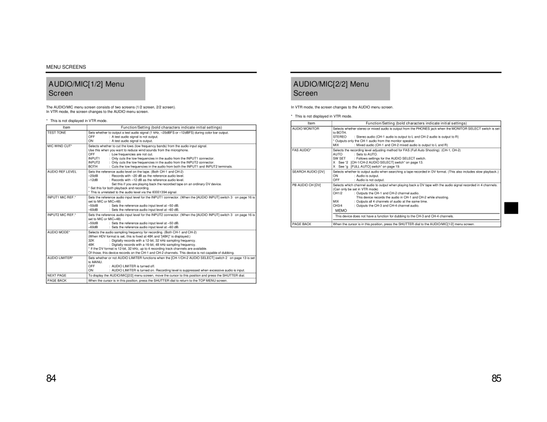 JVC GY-HD200E/CHE, GY-HD200U/CHU, GY-HD201E/CHE manual AUDIO/MIC1/2 Menu Screen, AUDIO/MIC2/2 Menu Screen, Mix 