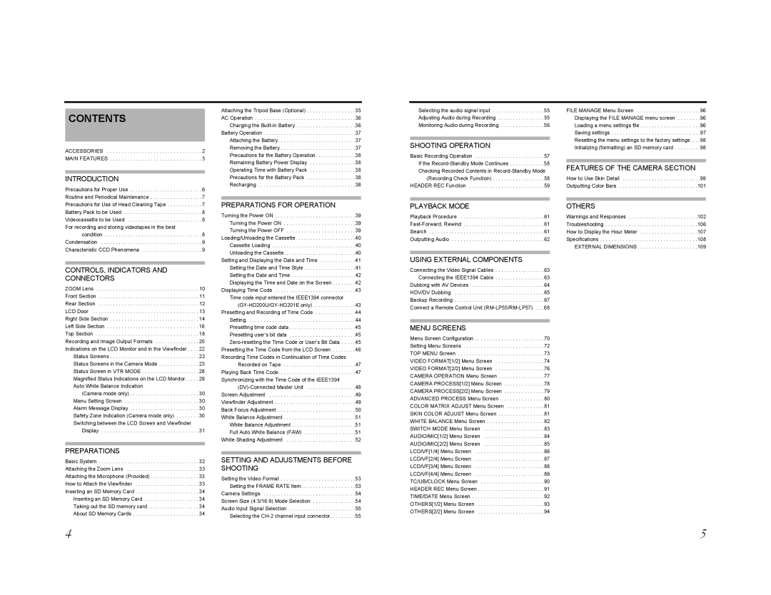 JVC GY-HD201E/CHE, GY-HD200E/CHE, GY-HD200U/CHU manual Contents 