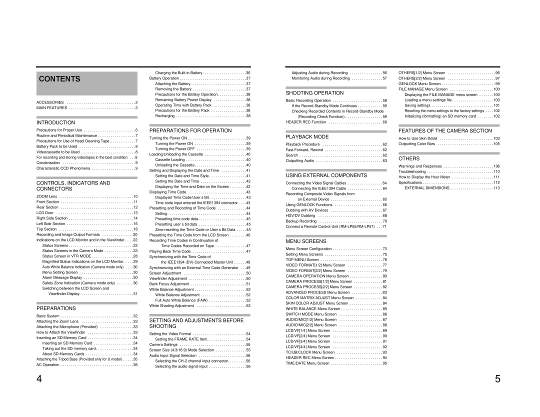 JVC GY-HD201E/CHE, GY-HD200E/CHE, GY-HD200U/CHU manual Contents 