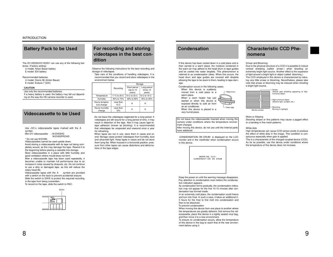 JVC GY-HD200U/CHU manual Battery Pack to be Used, Condensation, Characteristic CCD Phe- nomena, Videocassette to be Used 