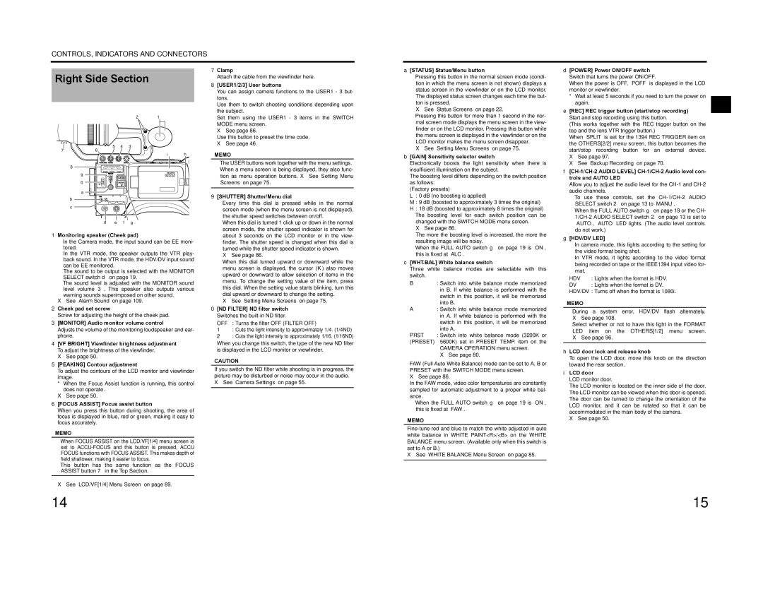 JVC GY-HD200U/CHU Right Side Section, EREC REC trigger button start/stop recording, BGAIN Sensitivity selector switch 