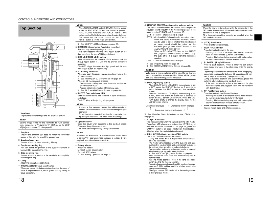 JVC GY-HD200E/CHE, GY-HD200U/CHU, GY-HD201E/CHE manual Top Section, 9REC Lock REC Lock switch 