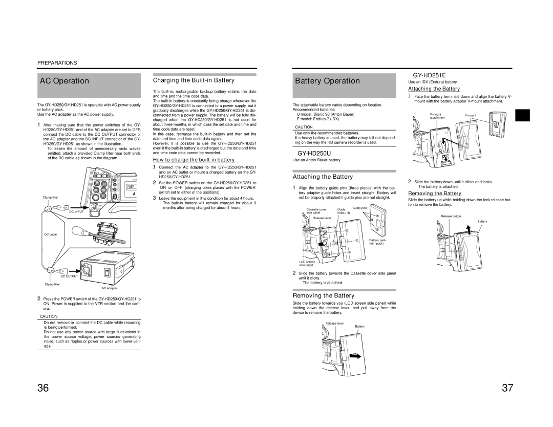 JVC GY-HD200E/CHE, GY-HD200U/CHU, GY-HD201E/CHE manual AC Operation, Battery Operation, „GY-HD250U, „GY-HD251E, DC Input 