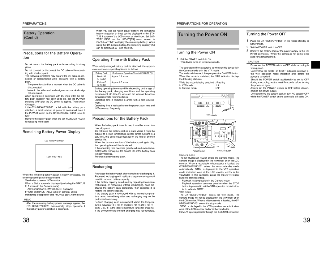 JVC GY-HD200U/CHU, GY-HD200E/CHE, GY-HD201E/CHE manual Turning the Power on 