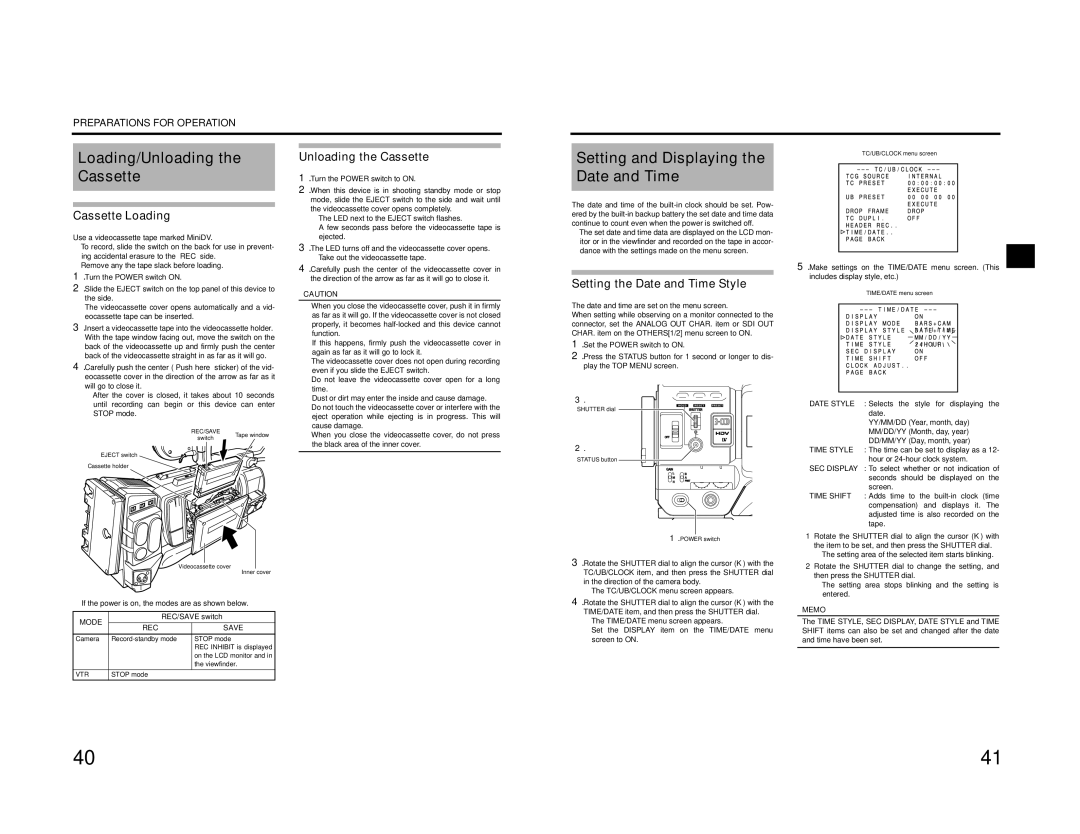 JVC GY-HD201E/CHE, GY-HD200E/CHE, GY-HD200U/CHU Loading/Unloading the Cassette, Setting and Displaying, Date and Time, Vtr 