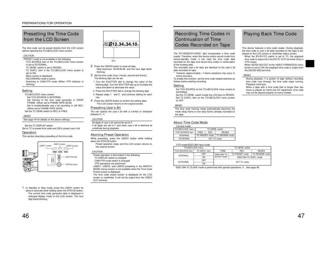 JVC GY-HD201E/CHE manual Playing Back Time Code, Presetting the Time Code from the LCD Screen, Free REC Regen Internal 