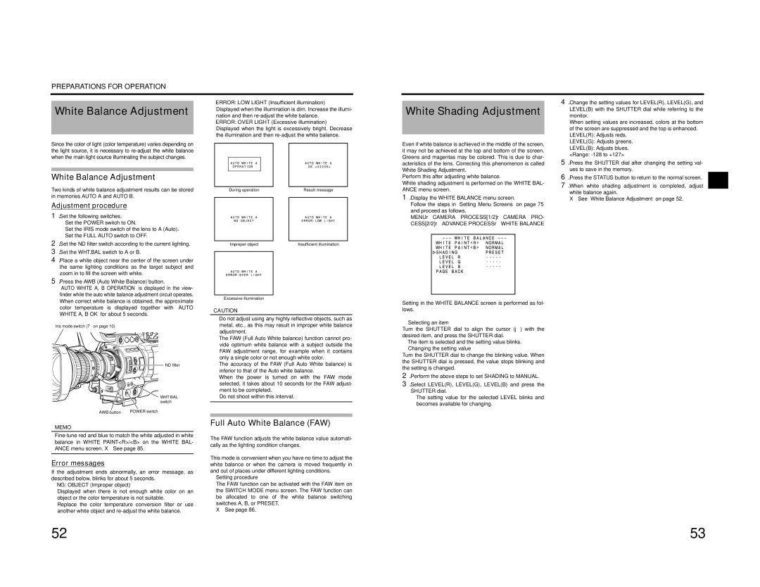 JVC GY-HD201E/CHE, GY-HD200E/CHE, GY-HD200U/CHU manual White Balance Adjustment, White Shading Adjustment 