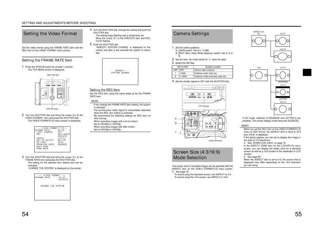 JVC GY-HD200E/CHE, GY-HD200U/CHU Setting the Video Format, Camera Settings, Screen Size 43/169 Mode Selection, ND Filter 