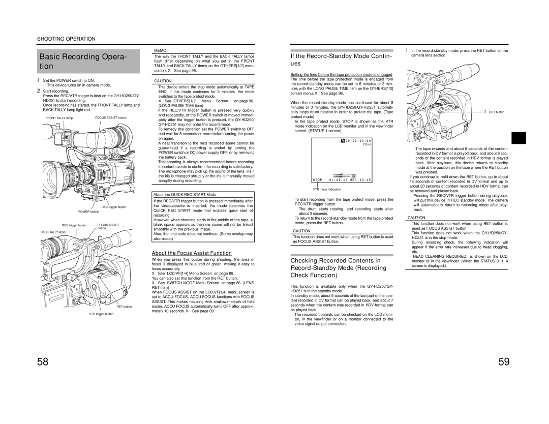 JVC GY-HD201E/CHE, GY-HD200E/CHE, GY-HD200U/CHU manual Basic Recording Opera- tion, Focus Assist 