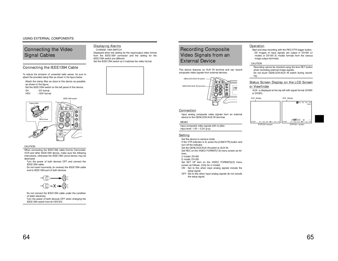 JVC GY-HD201E/CHE manual Connecting the Video, Signal Cables, Recording Composite Video Signals from an External Device 