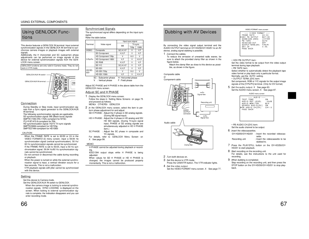 JVC GY-HD200E/CHE manual Using Genlock Func- tions, Dubbing with AV Devices, Synchronized Signals, Adjust SC and H Phase 