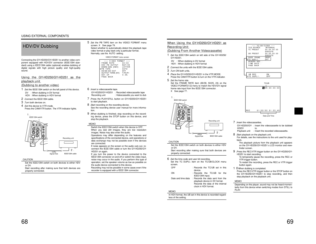 JVC GY-HD200U/CHU, GY-HD200E/CHE, GY-HD201E/CHE manual HDV/DV Dubbing, Off 