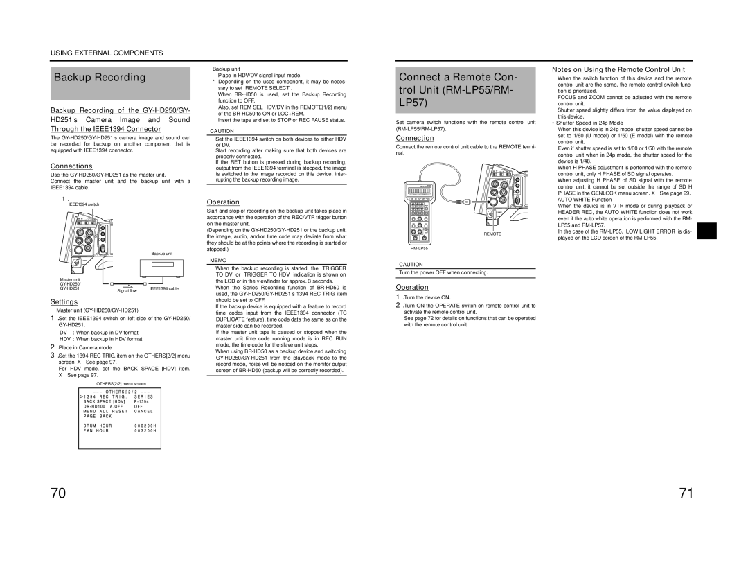 JVC GY-HD201E/CHE, GY-HD200E/CHE, GY-HD200U/CHU manual Backup Recording, Connect a Remote Con- trol Unit RM-LP55/RM- LP57 