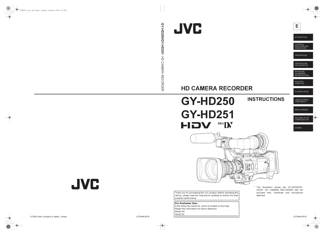 JVC GY-HD251, GY-HD250 manual For Customer Use, Victor Company of Japan, Limited LST0440-001B 