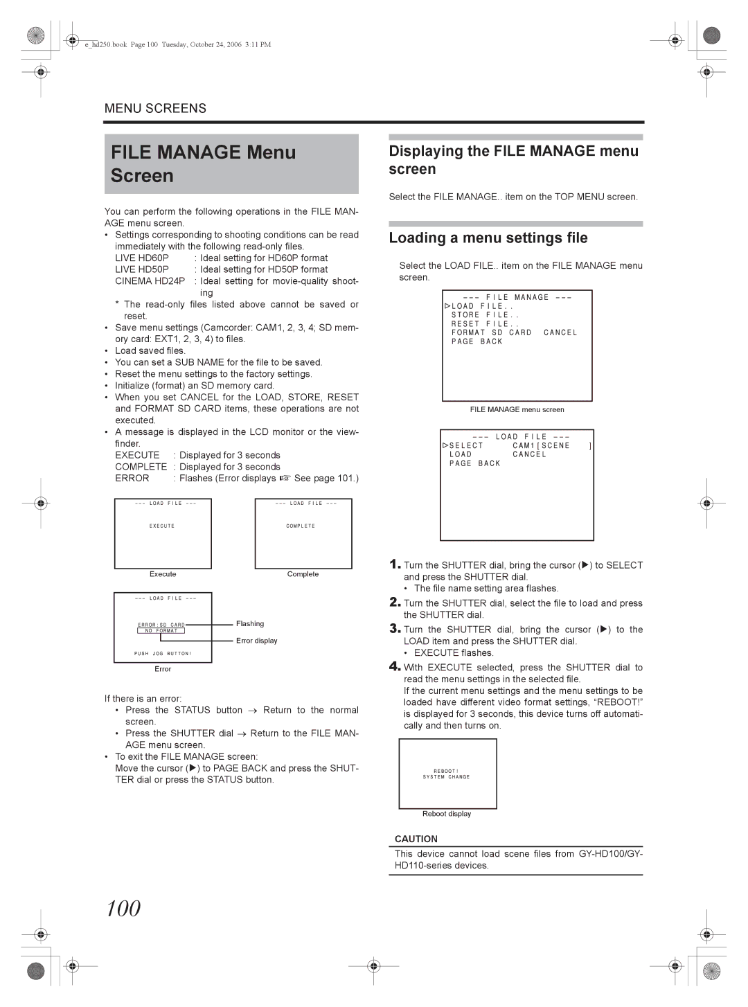 JVC GY-HD250, GY-HD251 100, File Manage Menu Screen, Displaying the File Manage menu screen, Loading a menu settings file 