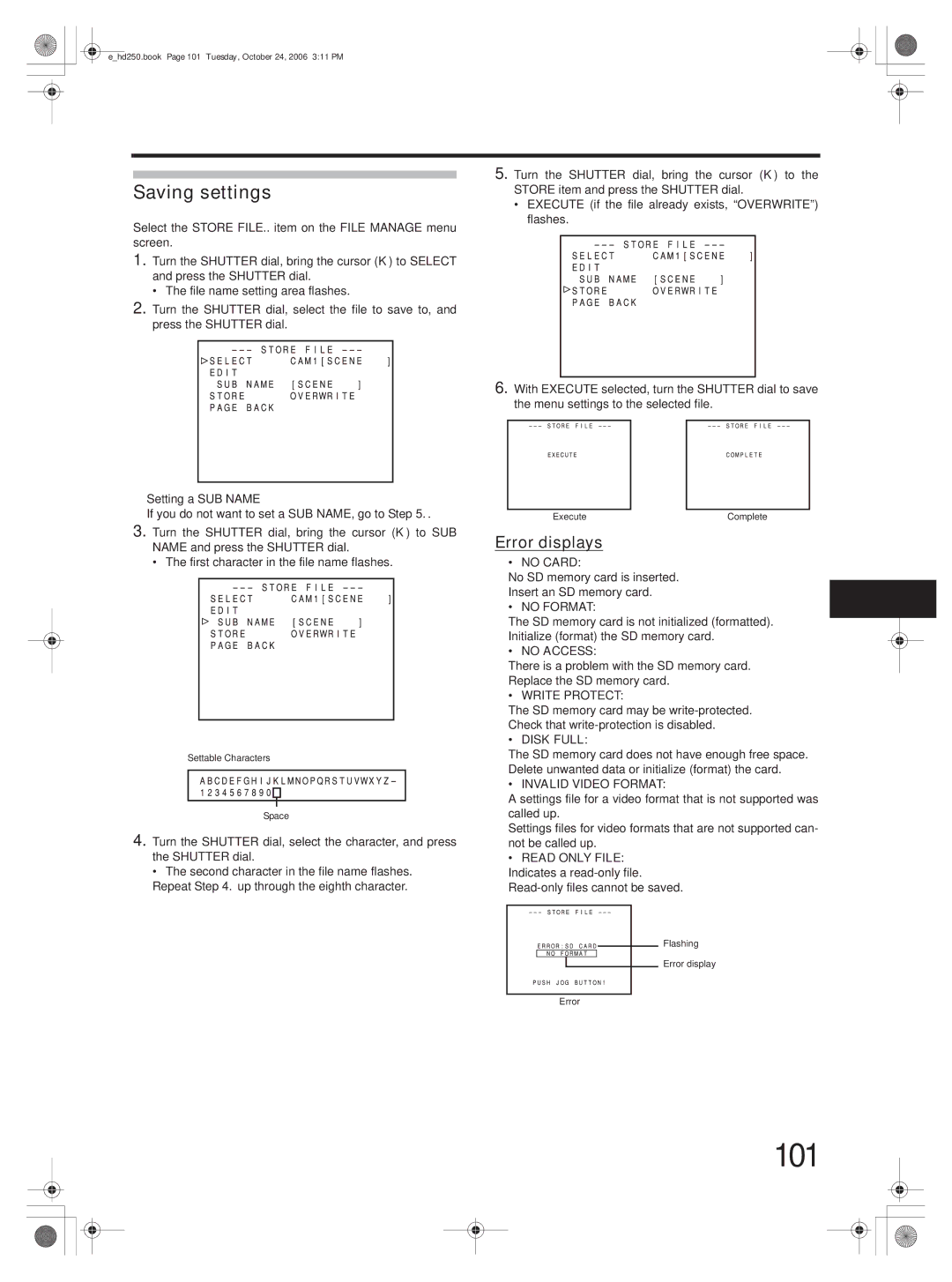 JVC GY-HD251, GY-HD250 manual 101, Saving settings, Error displays 