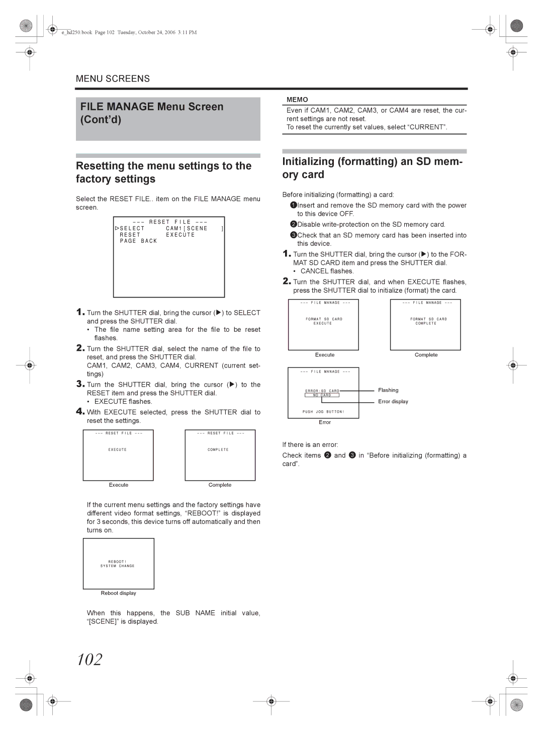 JVC GY-HD250, GY-HD251 manual 102, Initializing formatting an SD mem- ory card 