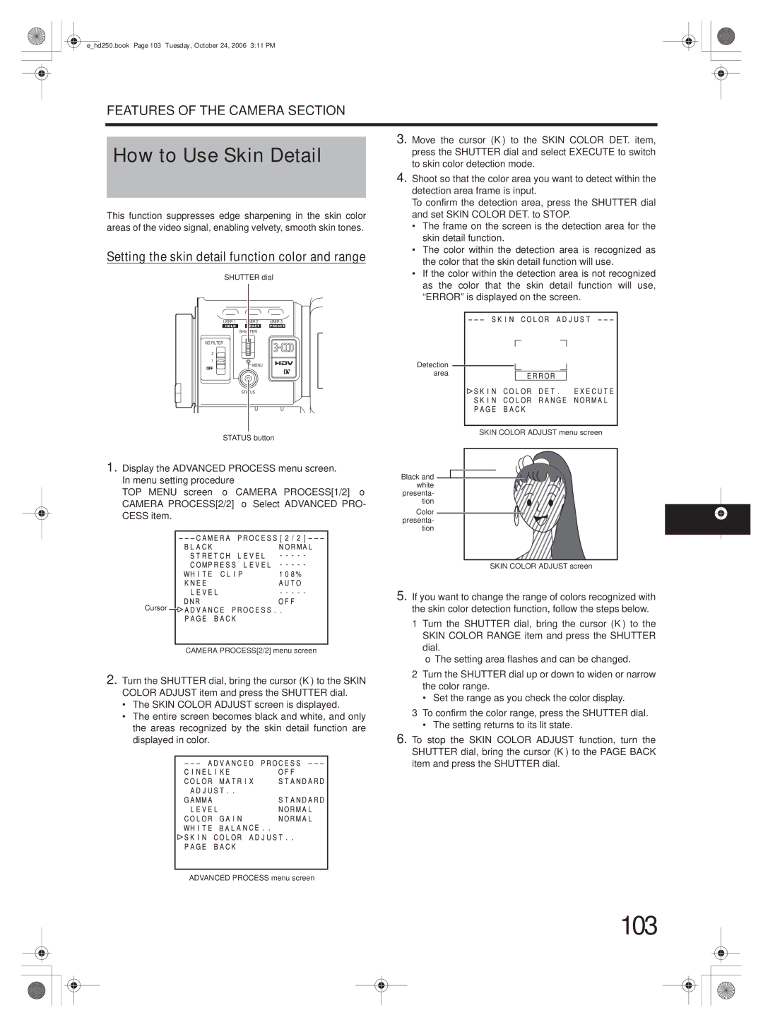 JVC GY-HD251, GY-HD250 manual 103, How to Use Skin Detail, Setting the skin detail function color and range 