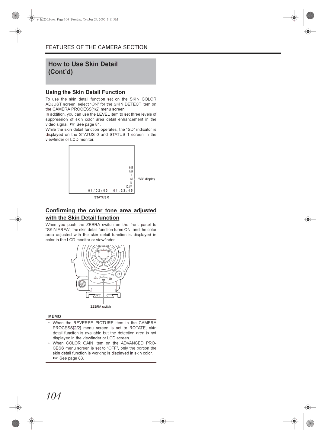 JVC GY-HD250, GY-HD251 manual 104, How to Use Skin Detail Cont’d, Using the Skin Detail Function 