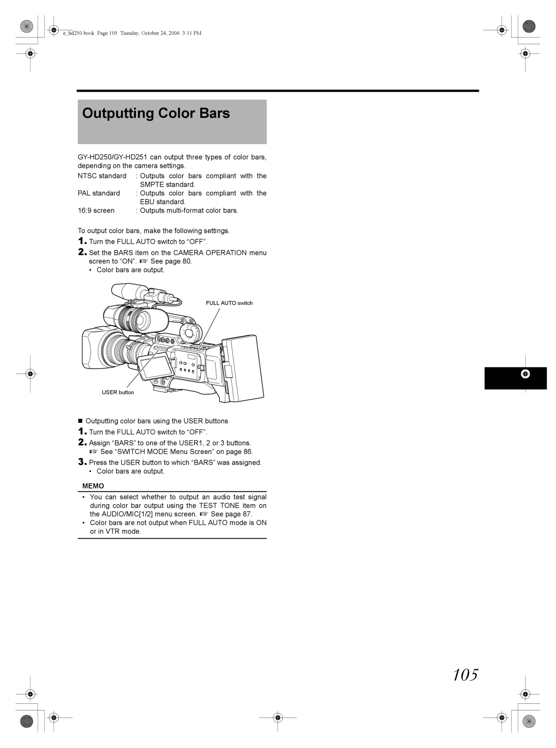 JVC GY-HD251, GY-HD250 manual 105, Outputting Color Bars, Outputs multi-format color bars 