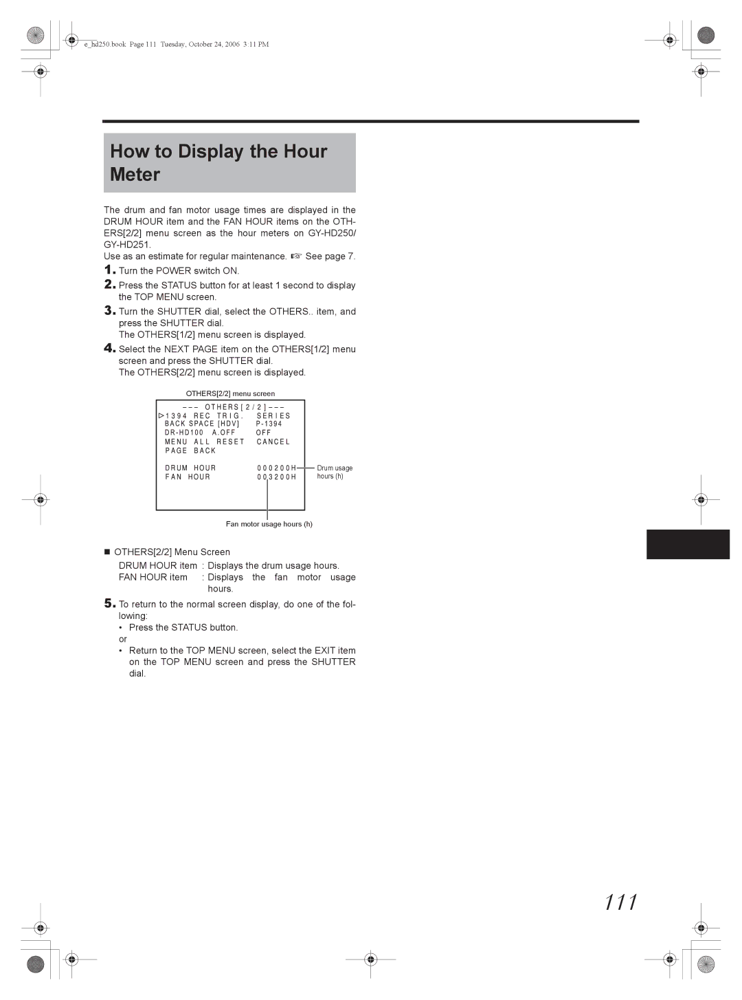 JVC GY-HD251, GY-HD250 manual 111, How to Display the Hour Meter 