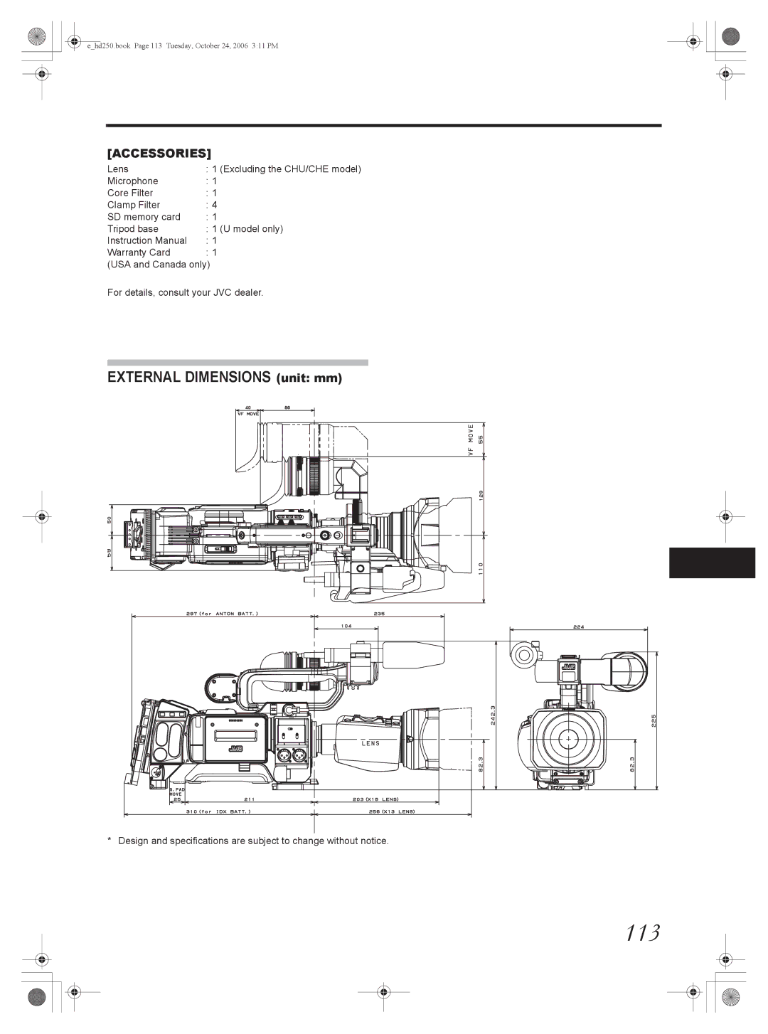 JVC GY-HD251, GY-HD250 manual 113, External Dimensions unit mm, Excluding the CHU/CHE model 