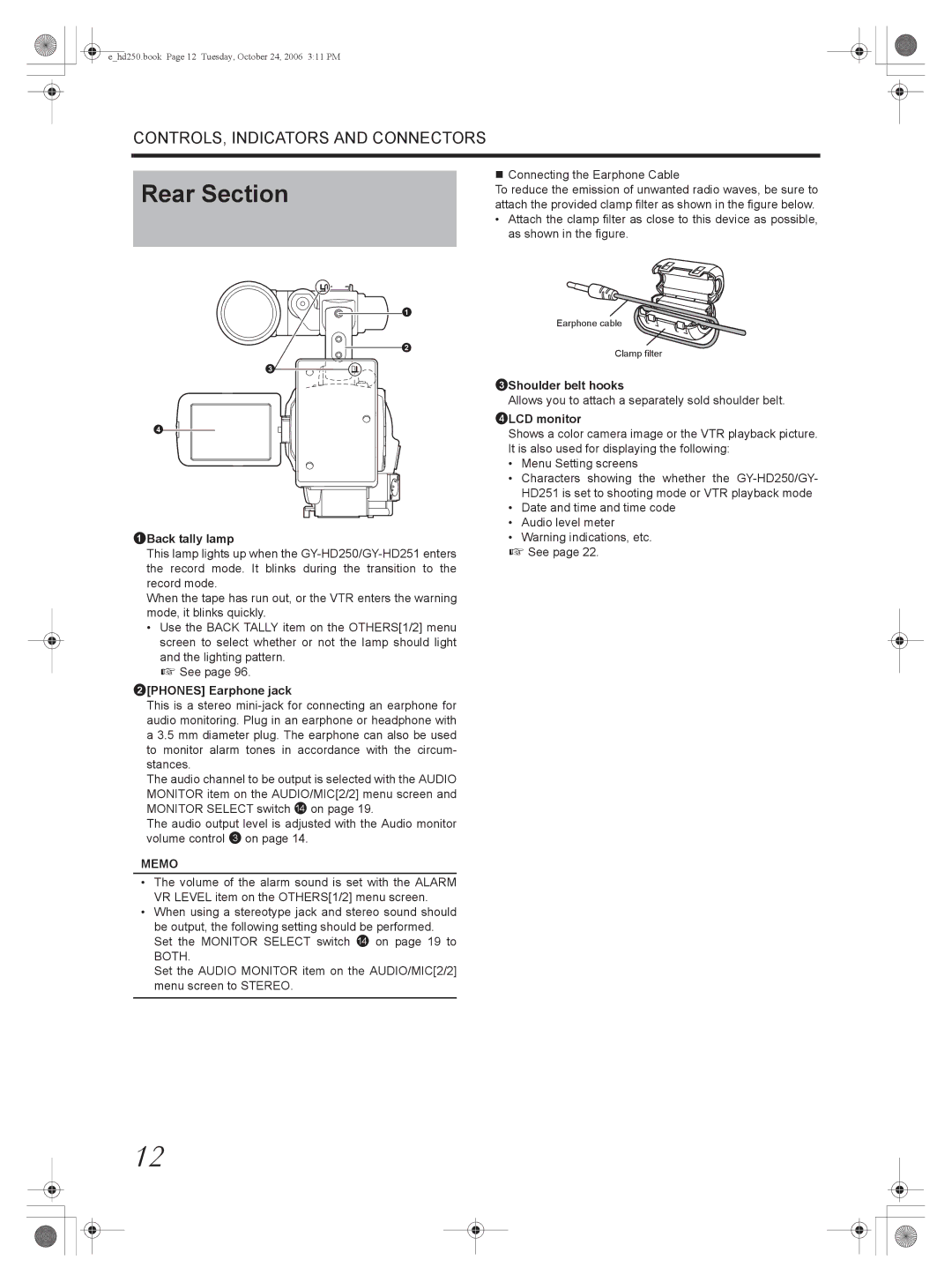 JVC GY-HD250, GY-HD251 manual Rear Section, 1Back tally lamp, 2PHONES Earphone jack, 3Shoulder belt hooks, 4LCD monitor 