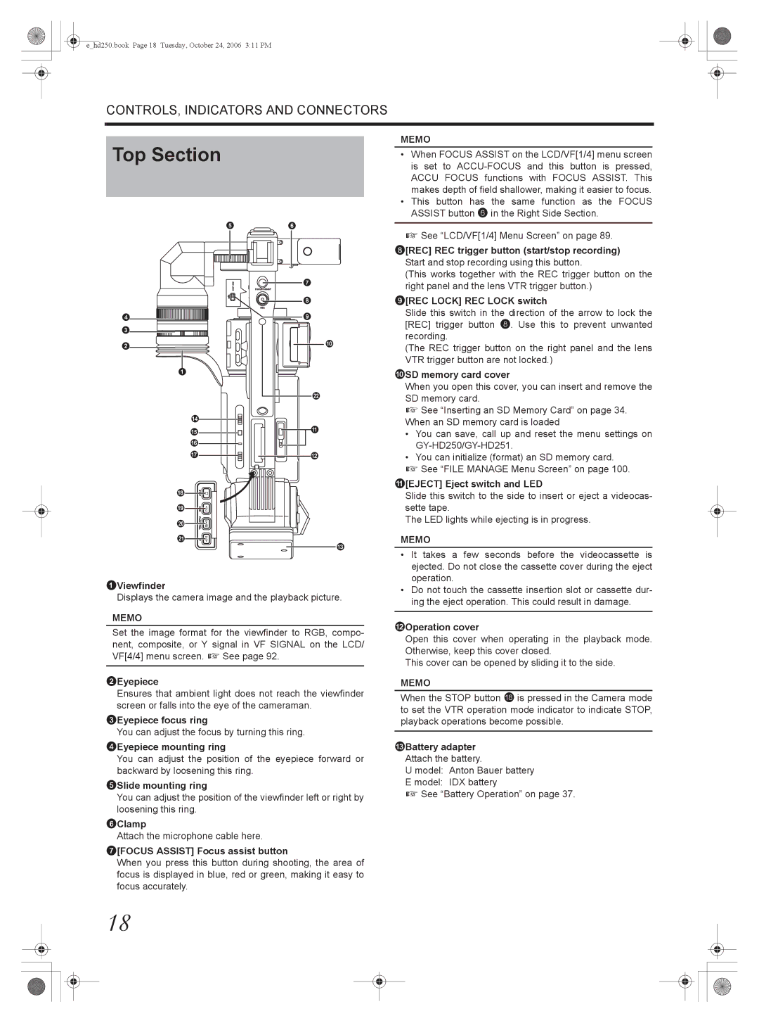 JVC GY-HD250, GY-HD251 manual Top Section 