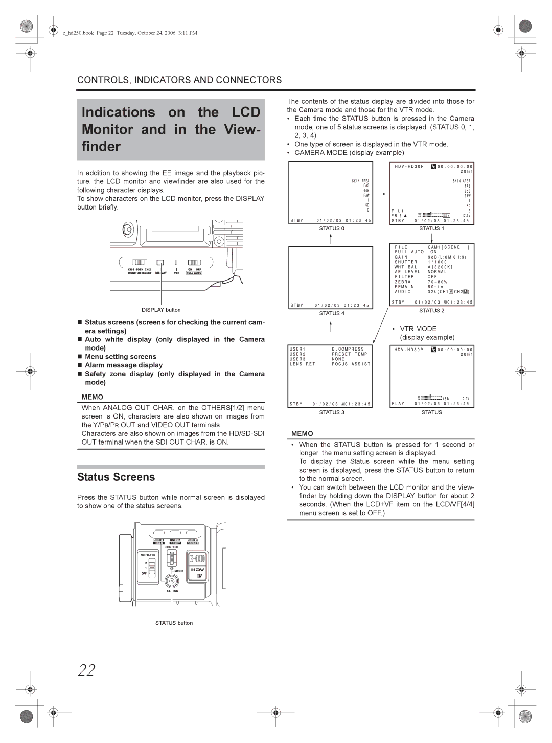 JVC GY-HD250, GY-HD251 manual Indications on the LCD Monitor and in the View- finder, Status Screens 