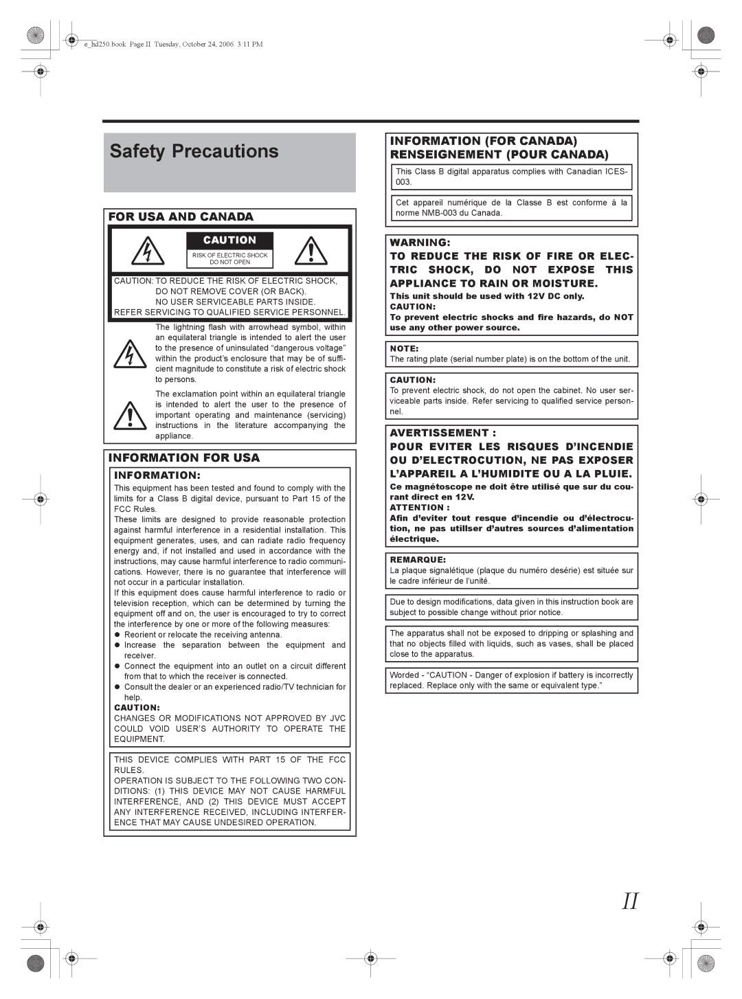 JVC GY-HD251, GY-HD250 manual Safety Precautions, Remarque 