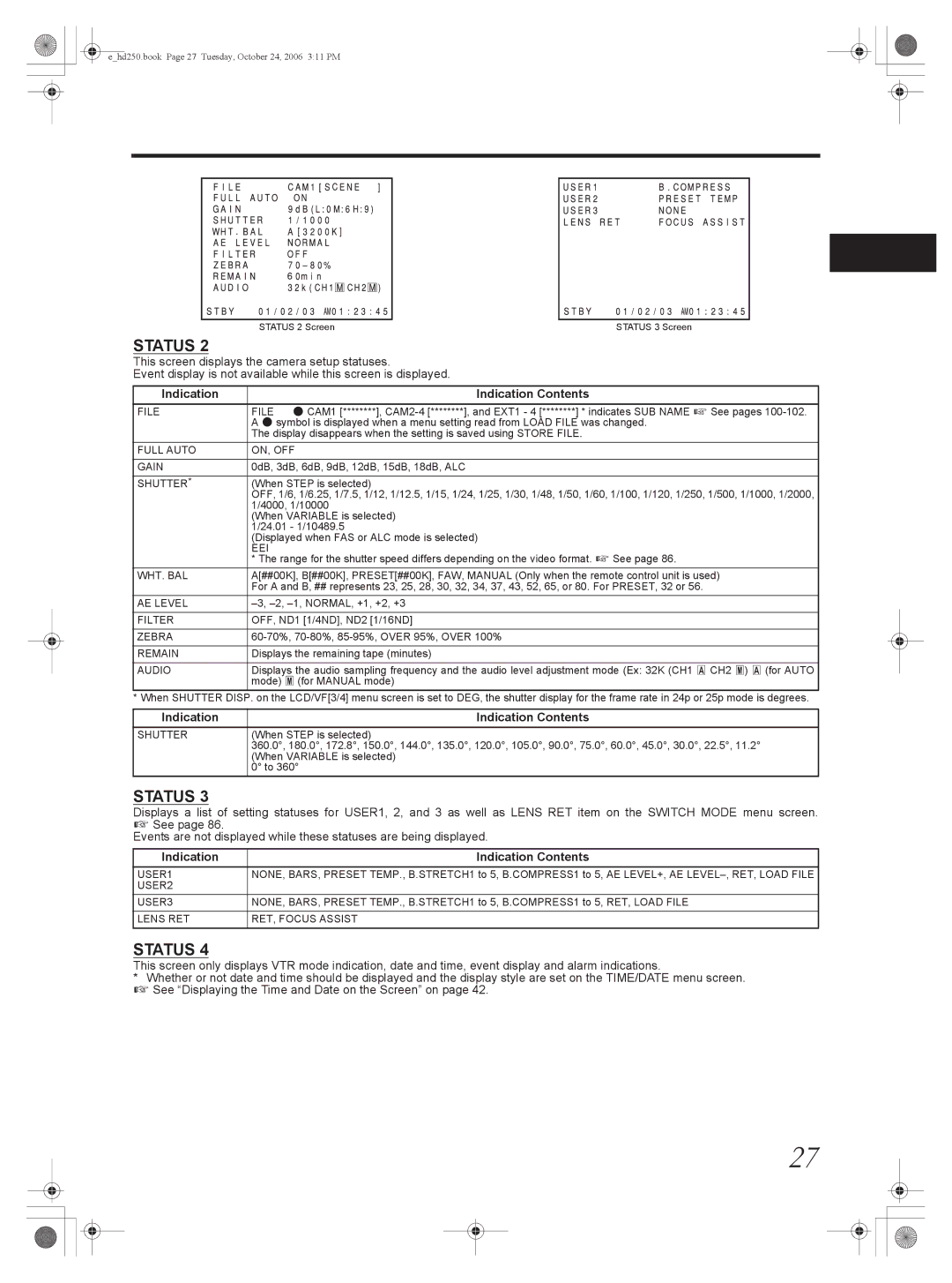 JVC GY-HD251, GY-HD250 manual Indication Indication Contents 