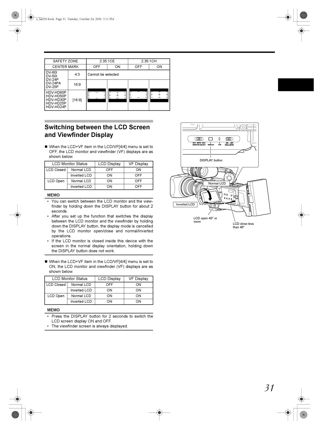 JVC GY-HD251, GY-HD250 manual Switching between the LCD Screen and Viewfinder Display, Safety Zone, Center Mark OFF 