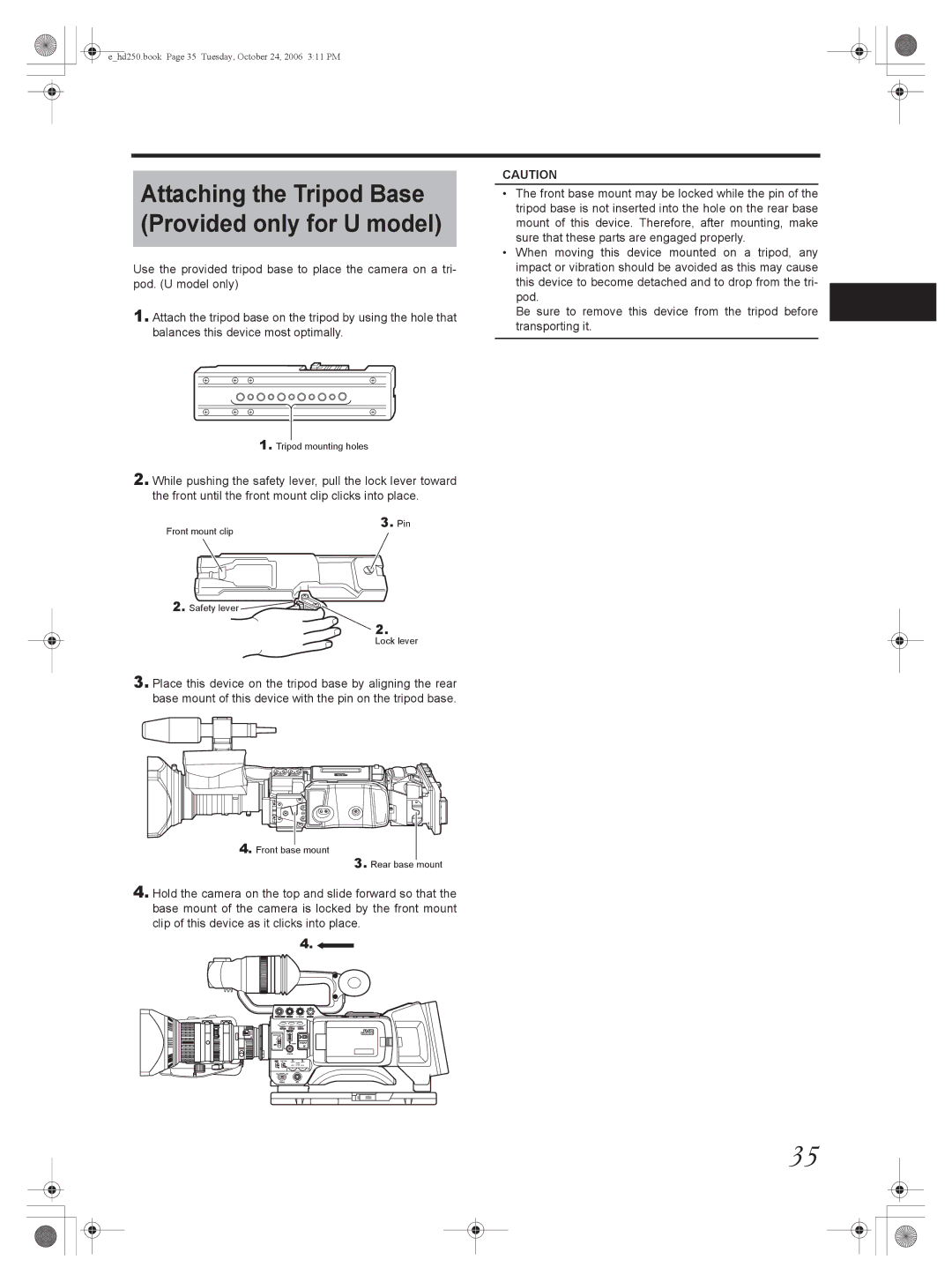 JVC GY-HD251, GY-HD250 manual Attaching the Tripod Base Provided only for U model 