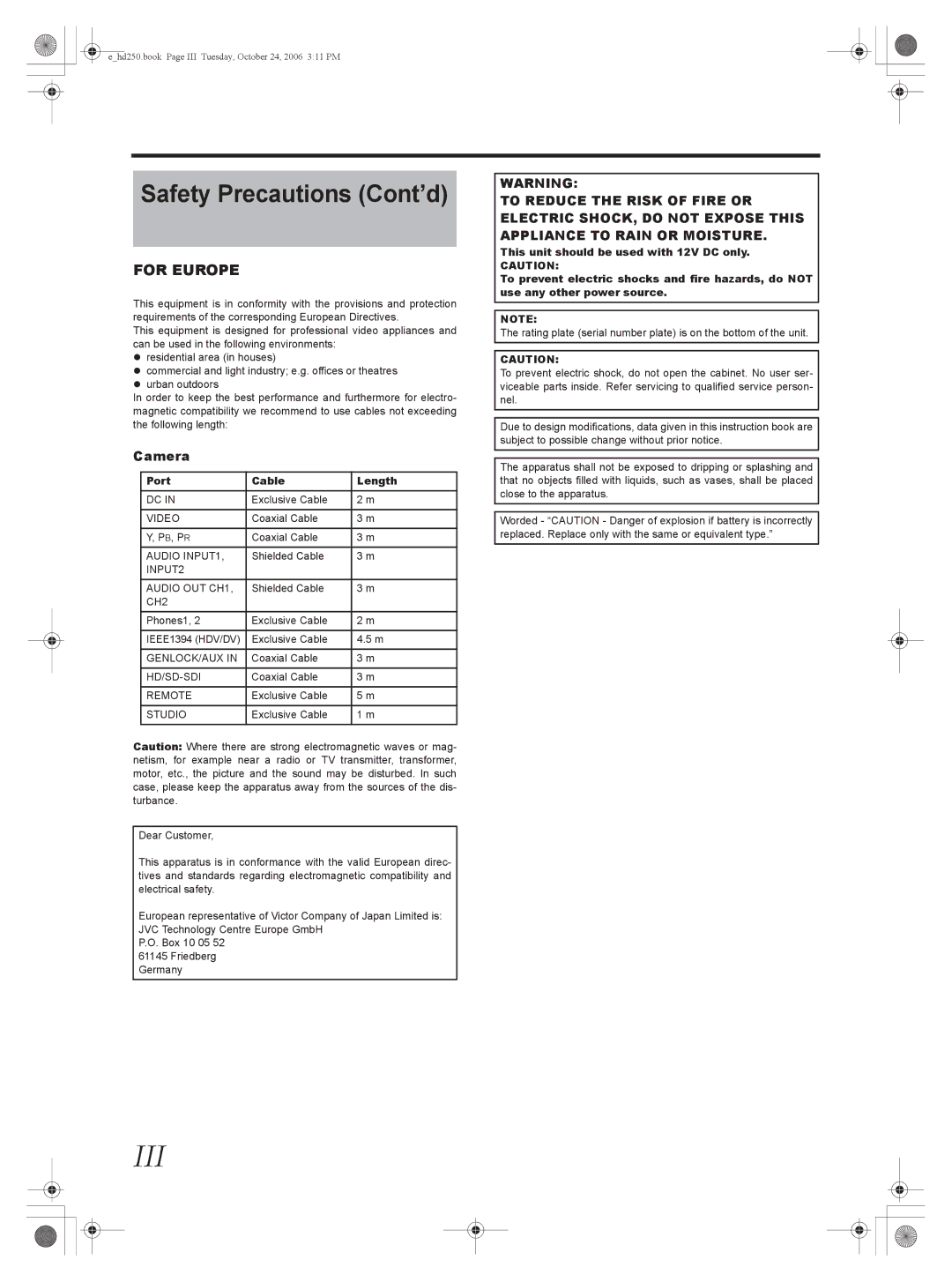 JVC GY-HD250, GY-HD251 manual Safety Precautions Cont’d, Port Cable Length 