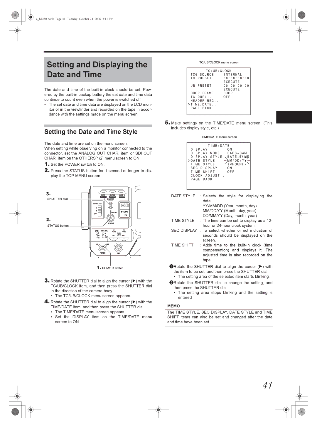 JVC GY-HD251, GY-HD250 manual Setting and Displaying the Date and Time, Setting the Date and Time Style 