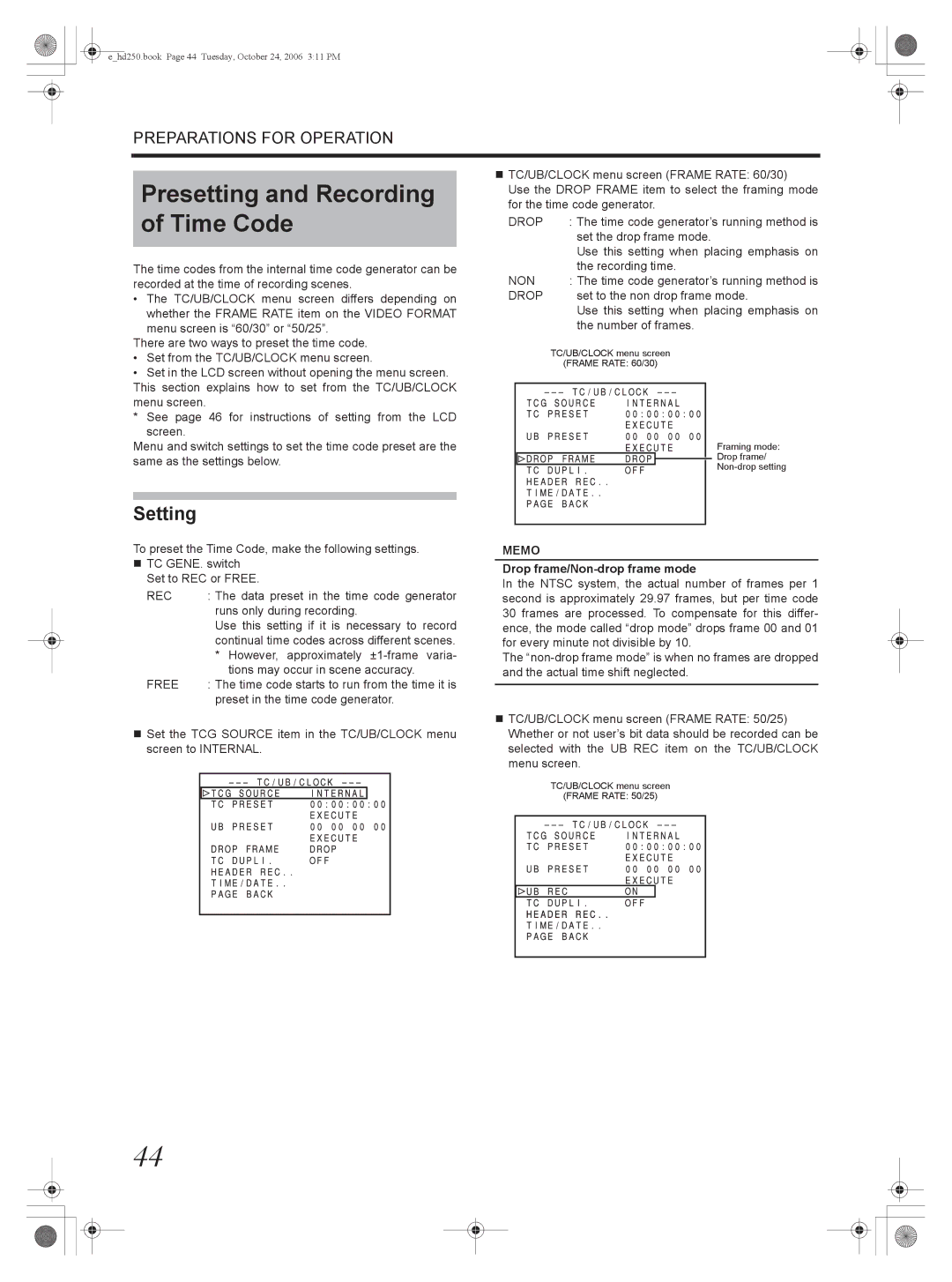 JVC GY-HD250, GY-HD251 manual Presetting and Recording of Time Code, Setting, Drop frame/Non-drop frame mode 