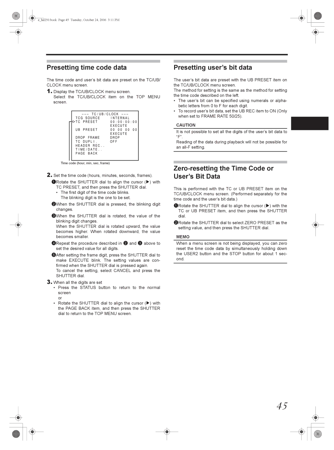 JVC GY-HD251 manual Presetting time code data, Presetting user’s bit data, Zero-resetting the Time Code or User’s Bit Data 