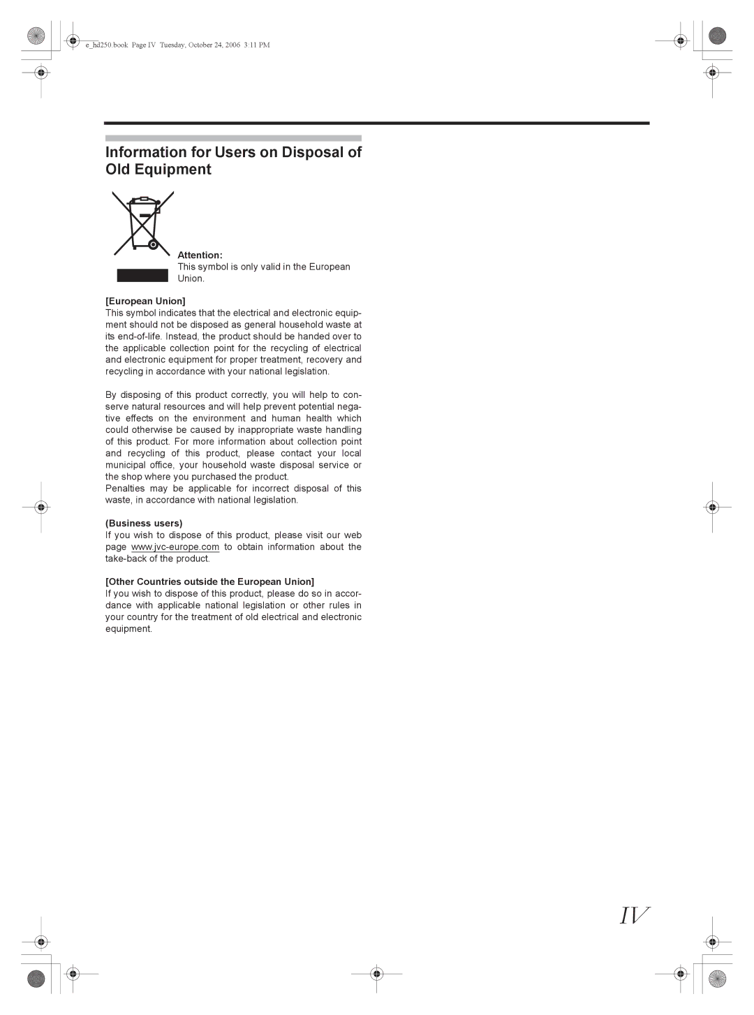 JVC GY-HD251, GY-HD250 manual Information for Users on Disposal Old Equipment, European Union 