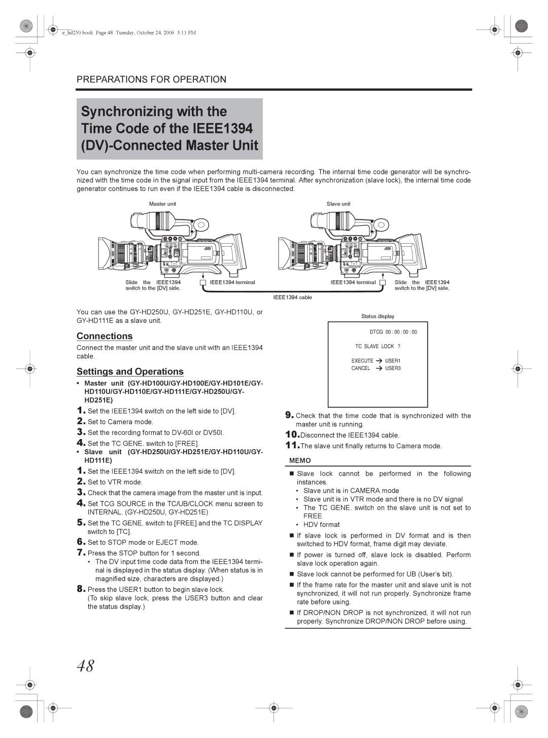 JVC manual Connections, Settings and Operations, Slave unit GY-HD250U/GY-HD251E/GY-HD110U/GY- HD111E 