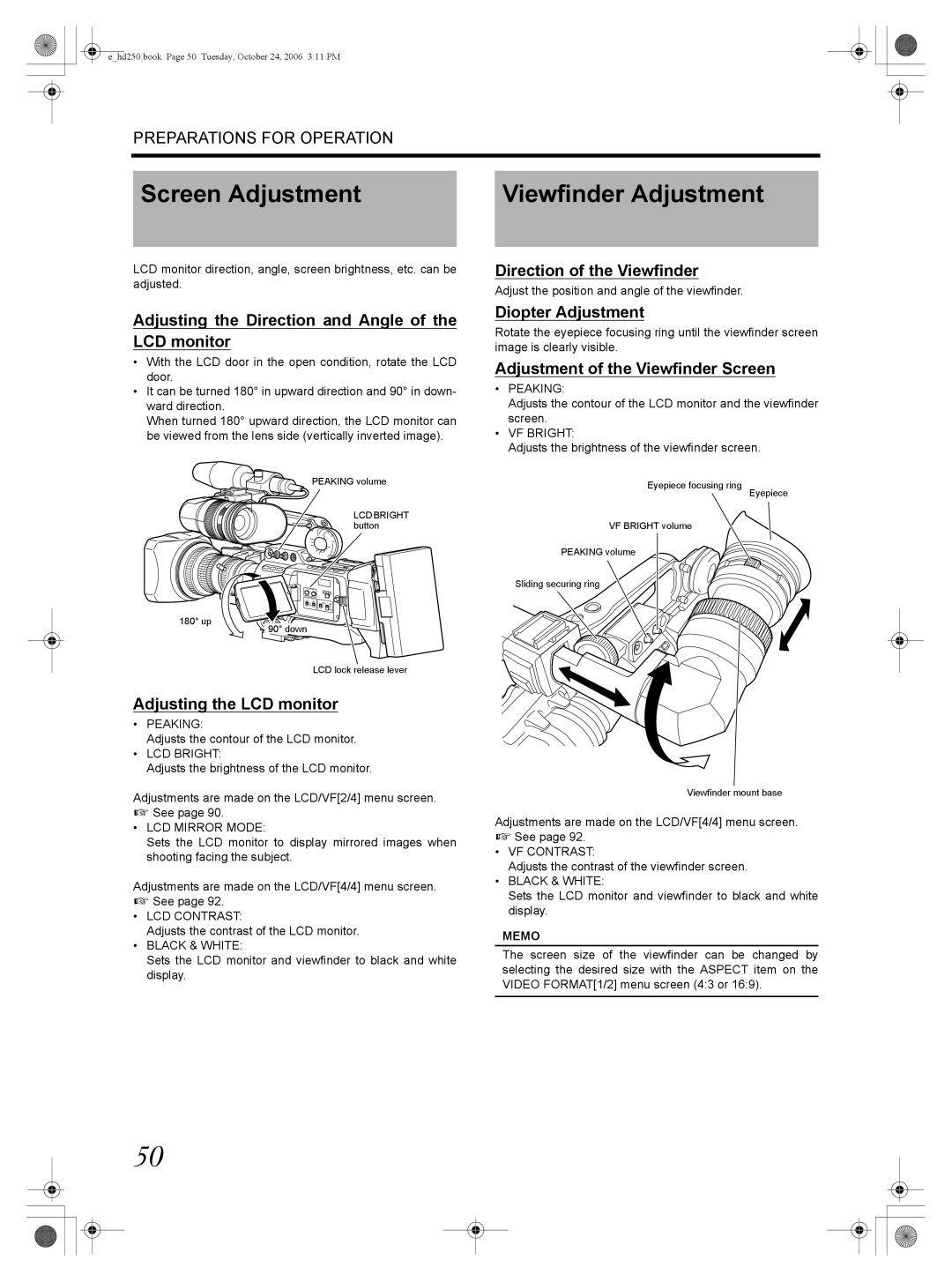 JVC GY-HD250, GY-HD251 manual Screen Adjustment Viewfinder Adjustment 