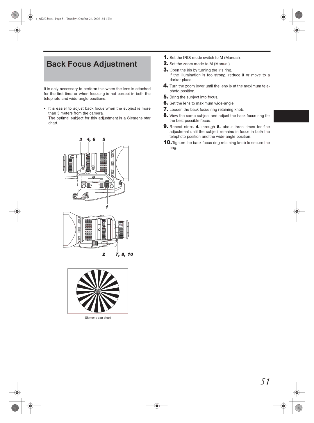 JVC GY-HD251, GY-HD250 manual Back Focus Adjustment 