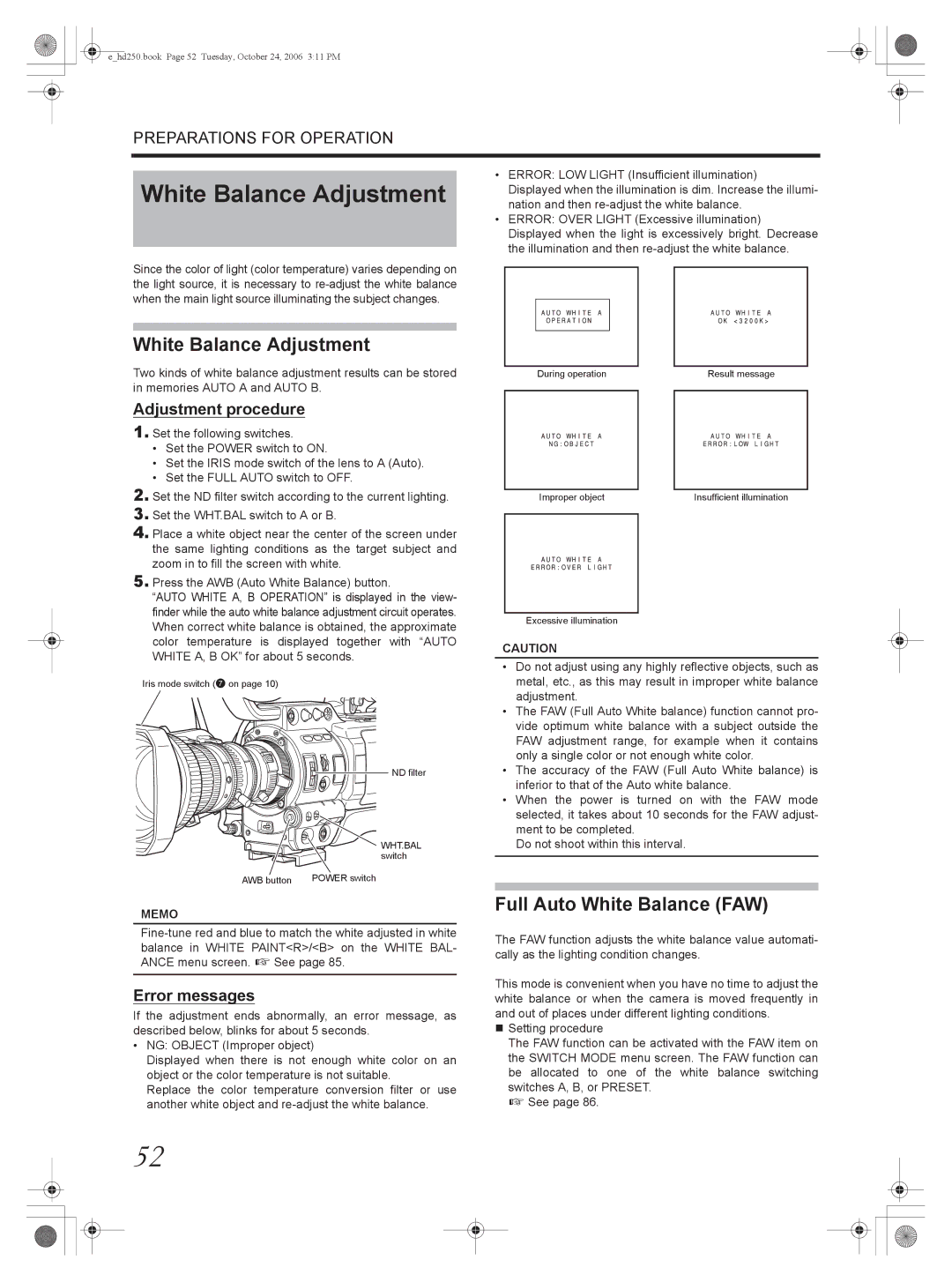 JVC GY-HD250, GY-HD251 manual White Balance Adjustment, Full Auto White Balance FAW, Adjustment procedure, Error messages 